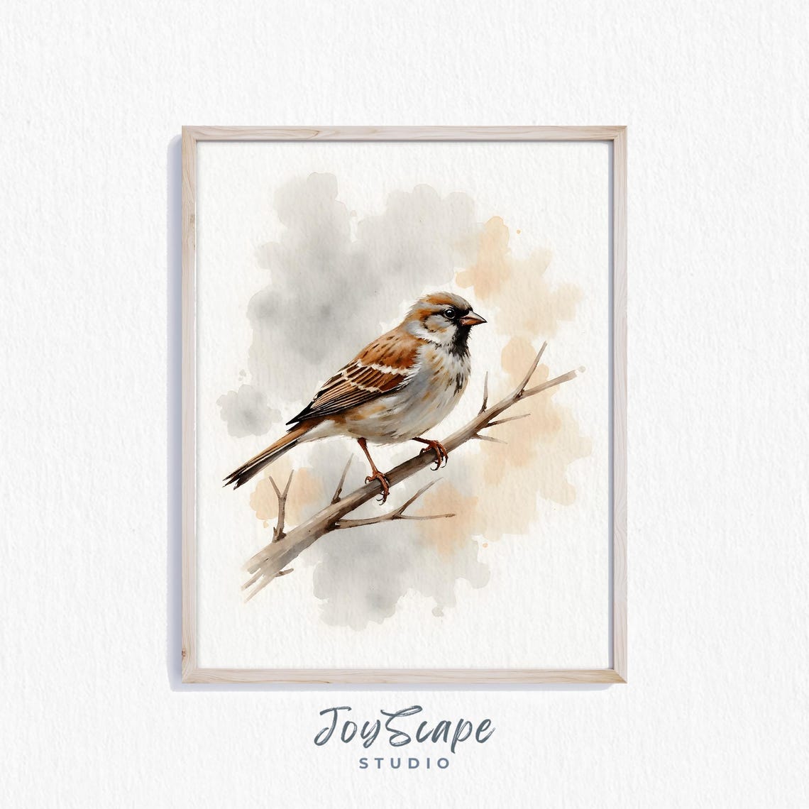 House Sparrow Perched On Branch Watercolor Rustic Bird Art Print