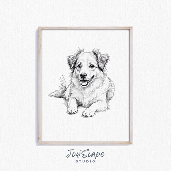 Miniature Shepherd Art Cute Dog Sketch Rustic Nursery Animal Wall Decor Pet Portrait Drawing