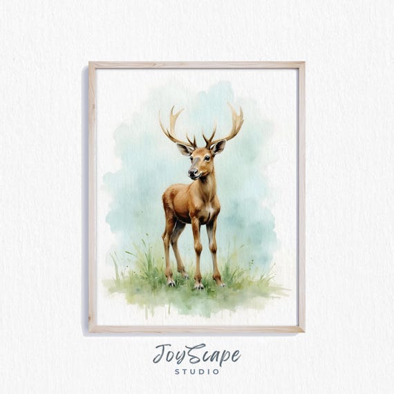 Baby Moose Calf Watercolor Nursery Wall Art Rustic Wildlife Animal Kids