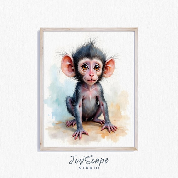 Baby Mandrill Monkey Watercolor Cute Jungle Nursery Animal Art Print