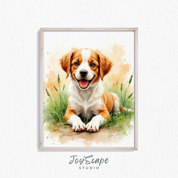 Smiling Brittany Puppy in the Grass Watercolor Dog Portrait Poster