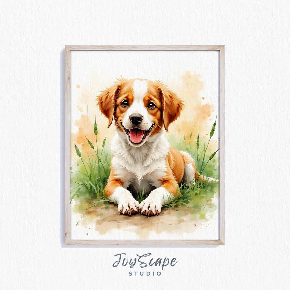 Smiling Brittany Puppy in the Grass Watercolor Dog Portrait Poster