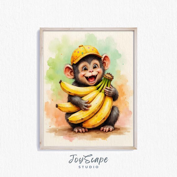 Funny Bonobo Monkey With Bananas Watercolor Nursery Wall Art Playful Animal
