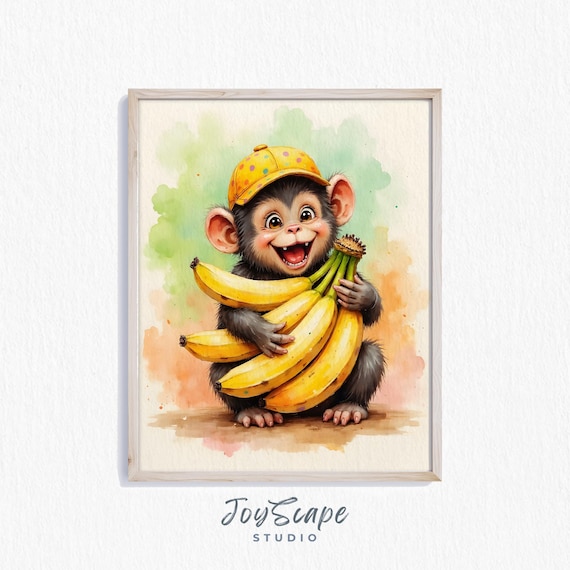 Giggling Baby Monkey in a Polka Dot Cap Hugging Bananas Poster