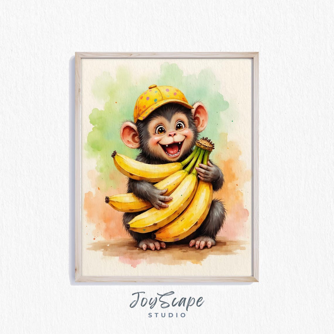 Giggling Baby Monkey in a Polka Dot Cap Hugging Bananas Poster