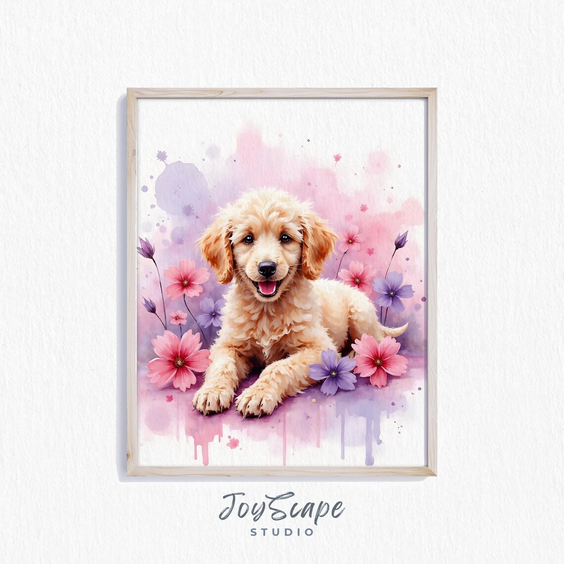 Apricot Poodle Puppy Among Pink Flowers Watercolor Nursery Poster