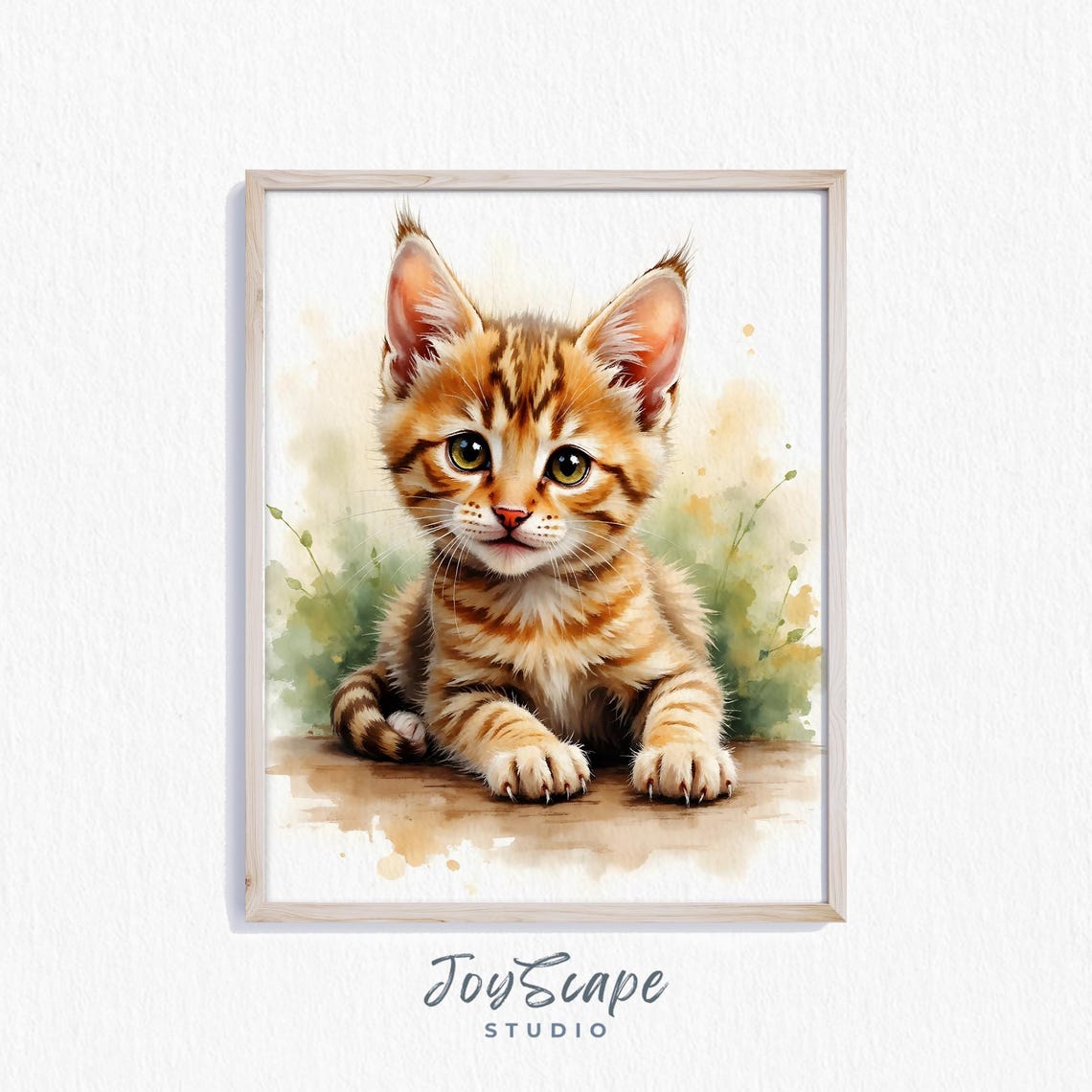Fluffy Tabby Kitten Watercolor Portrait Adorable Nursery Poster