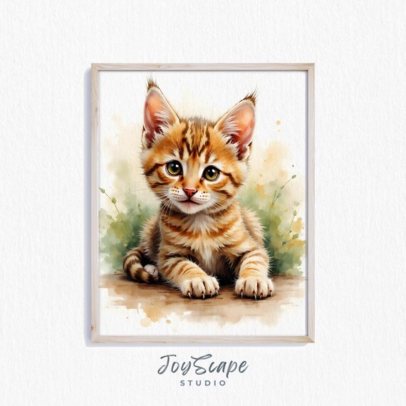 Fluffy Tabby Kitten Watercolor Portrait Adorable Nursery Poster