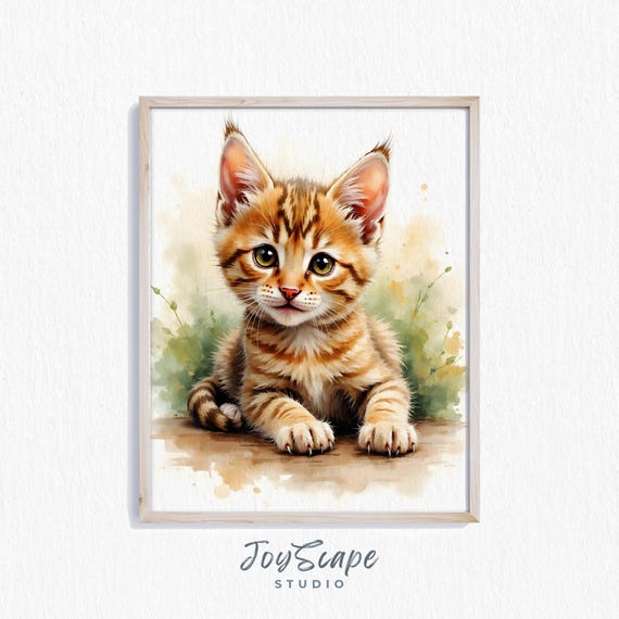 Maine Coon Kitten Art Portrait Cute Feline Wall Decor Adorable Nursery Rustic Home