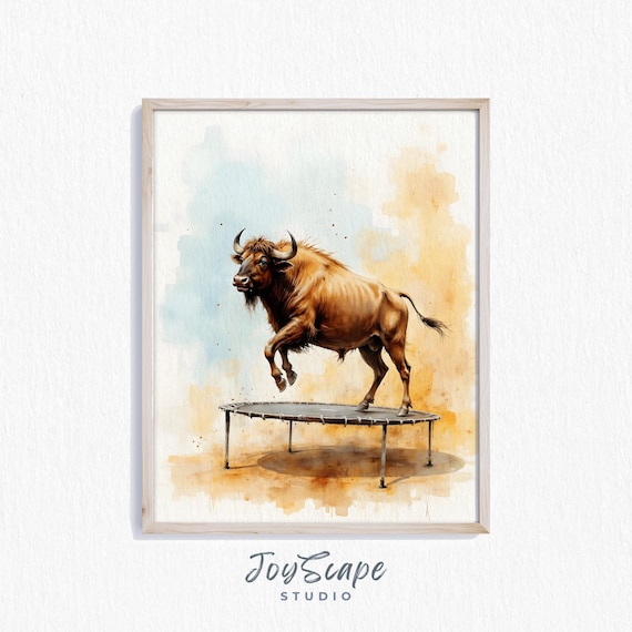 Funny Buffalo Bouncing on a Tiny Trampoline Watercolor Poster