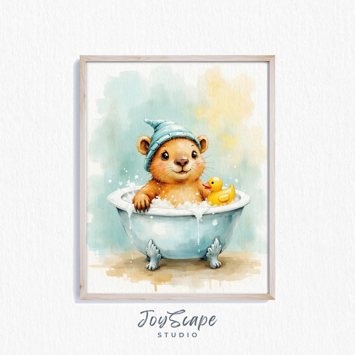 Capybara Bath Time Rubber Duck Watercolor Cute Funny Baby Nursery Poster