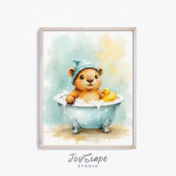 Capybara Bath Time Rubber Duck Watercolor Cute Funny Baby Nursery Poster