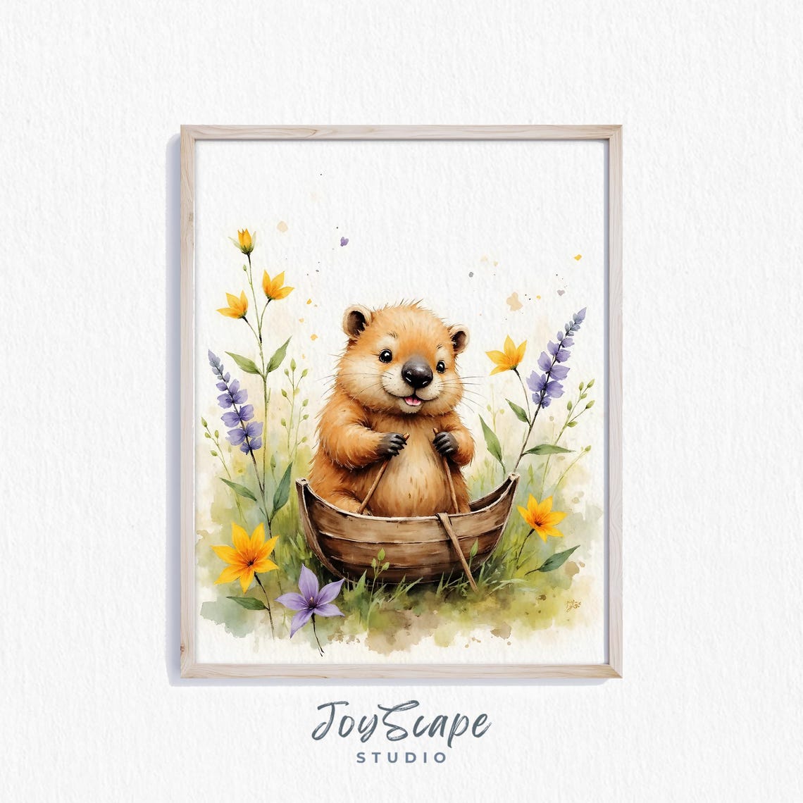 Smiling Beaver Rowing a Tiny Wooden Boat Through Wildflowers Poster