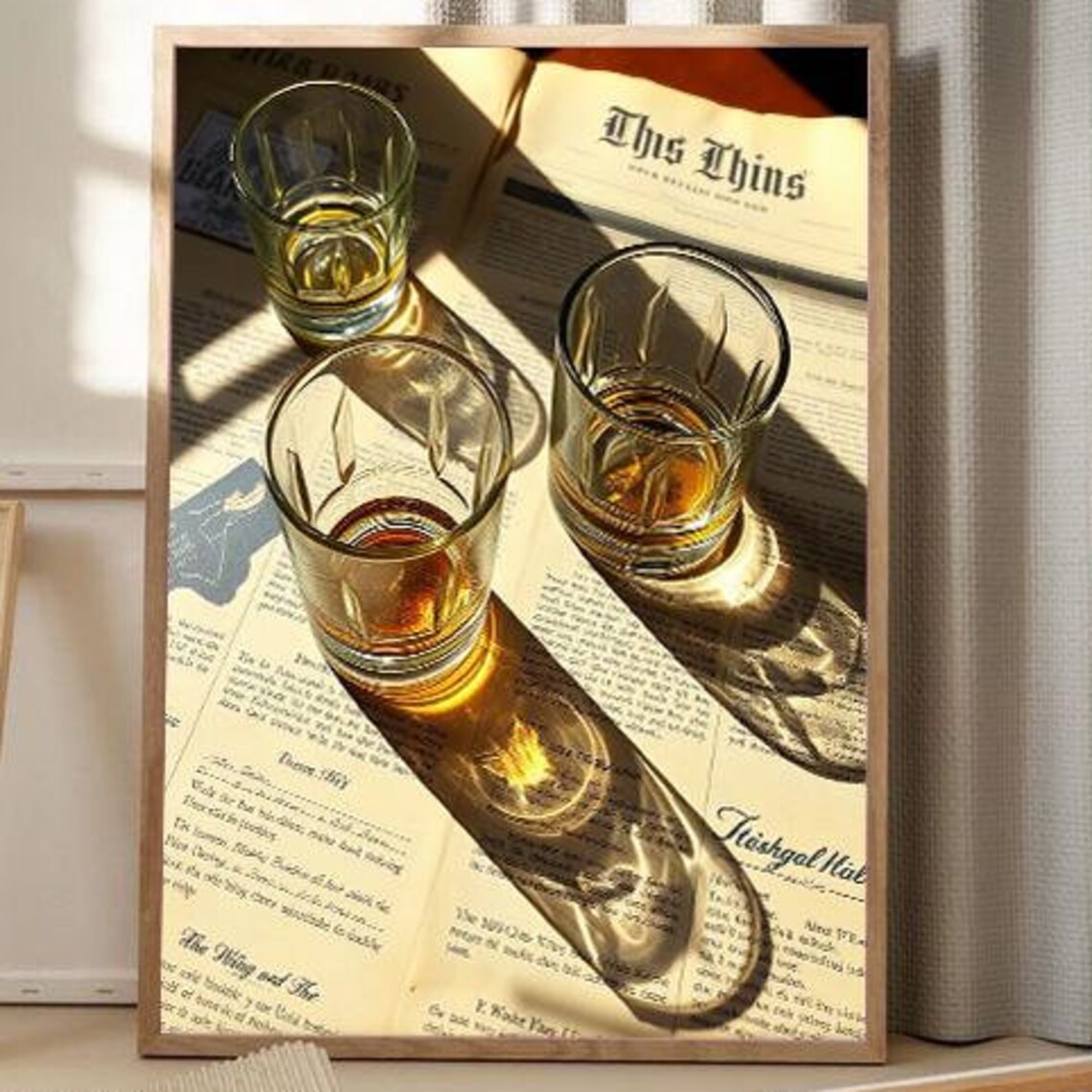 Whiskey Glasses Vintage Newspaper Sunlit Bar Aesthetic Photo Poster