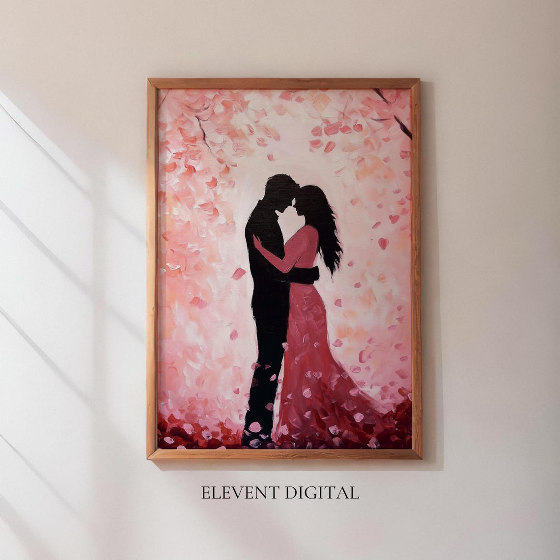 Dreamy Romantic Couple Embrace Pink Blossom Painting Wall Art