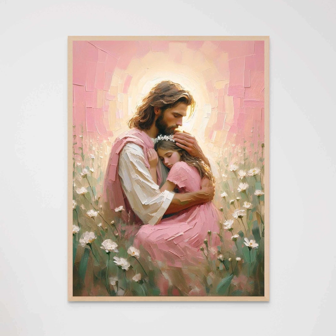 Jesus Hugging Girl With Flower Crown Among White Daisies Poster - Image 7
