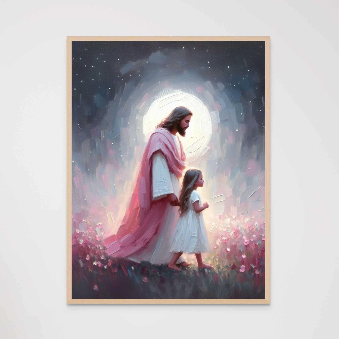 Jesus Walking With Girl Under Calm Full Moon Night Art Poster