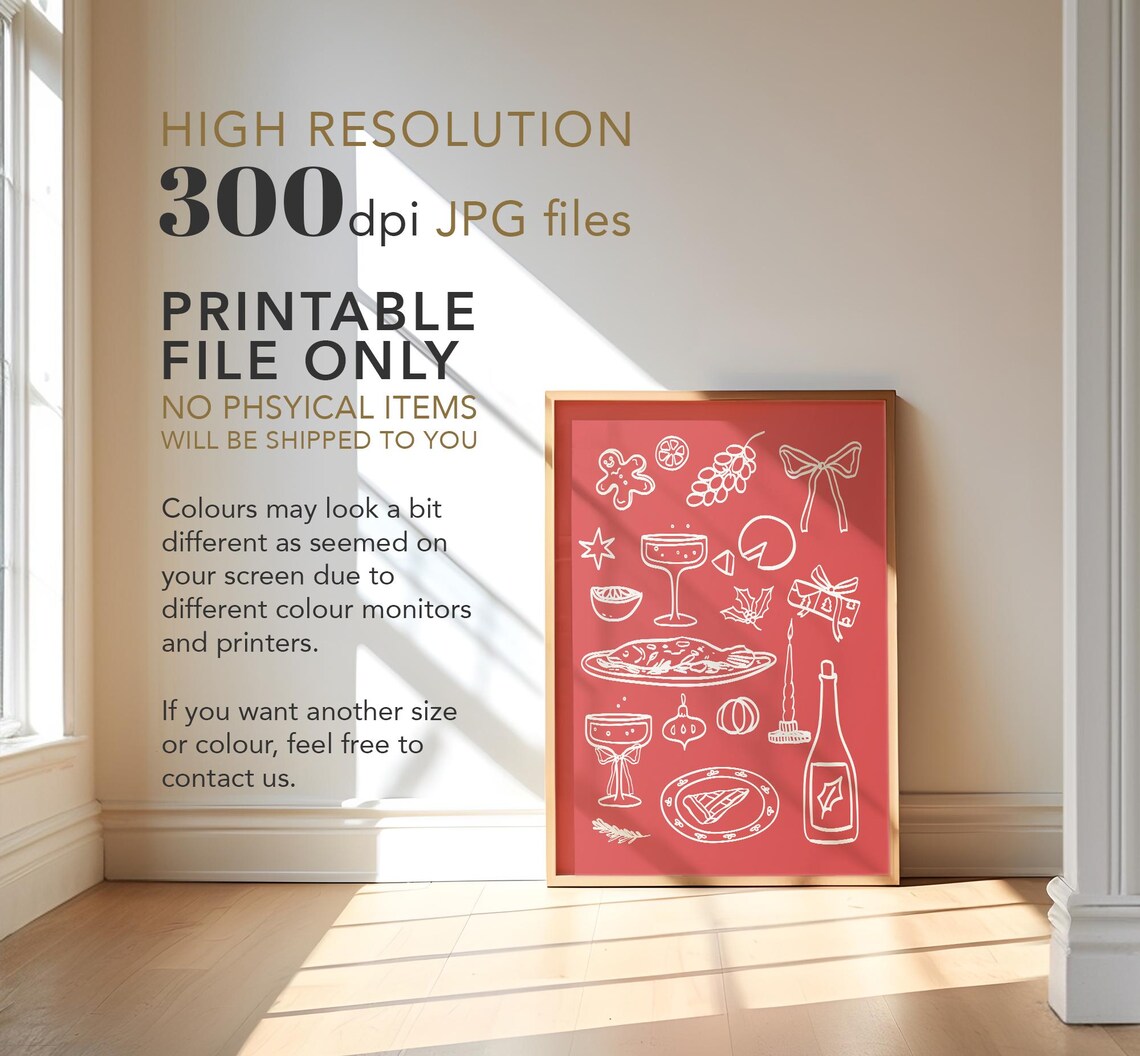 Christmas Dinner Line Art Red Holiday Feast Champagne Icons Wall Poster - Image 4