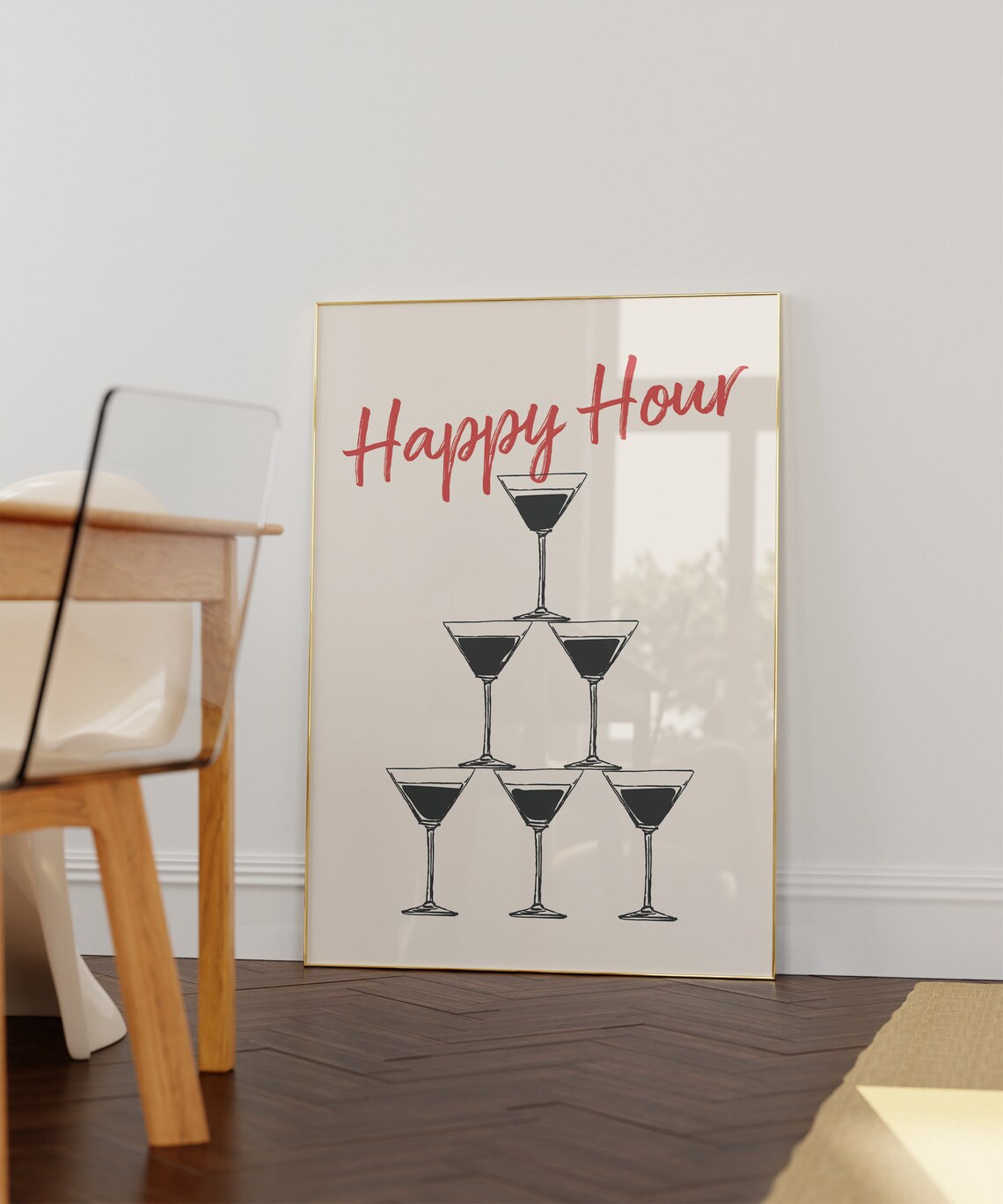 Happy Hour Red Script Martini Glass Pyramid Cocktail Bar Cart Wall Poster - Image 3