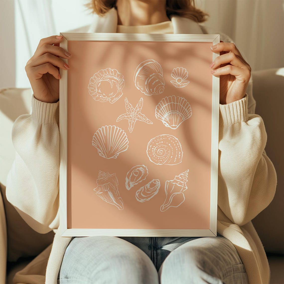 Peach Seashells Line Art Coastal Starfish Beach House Wall Poster - Image 4
