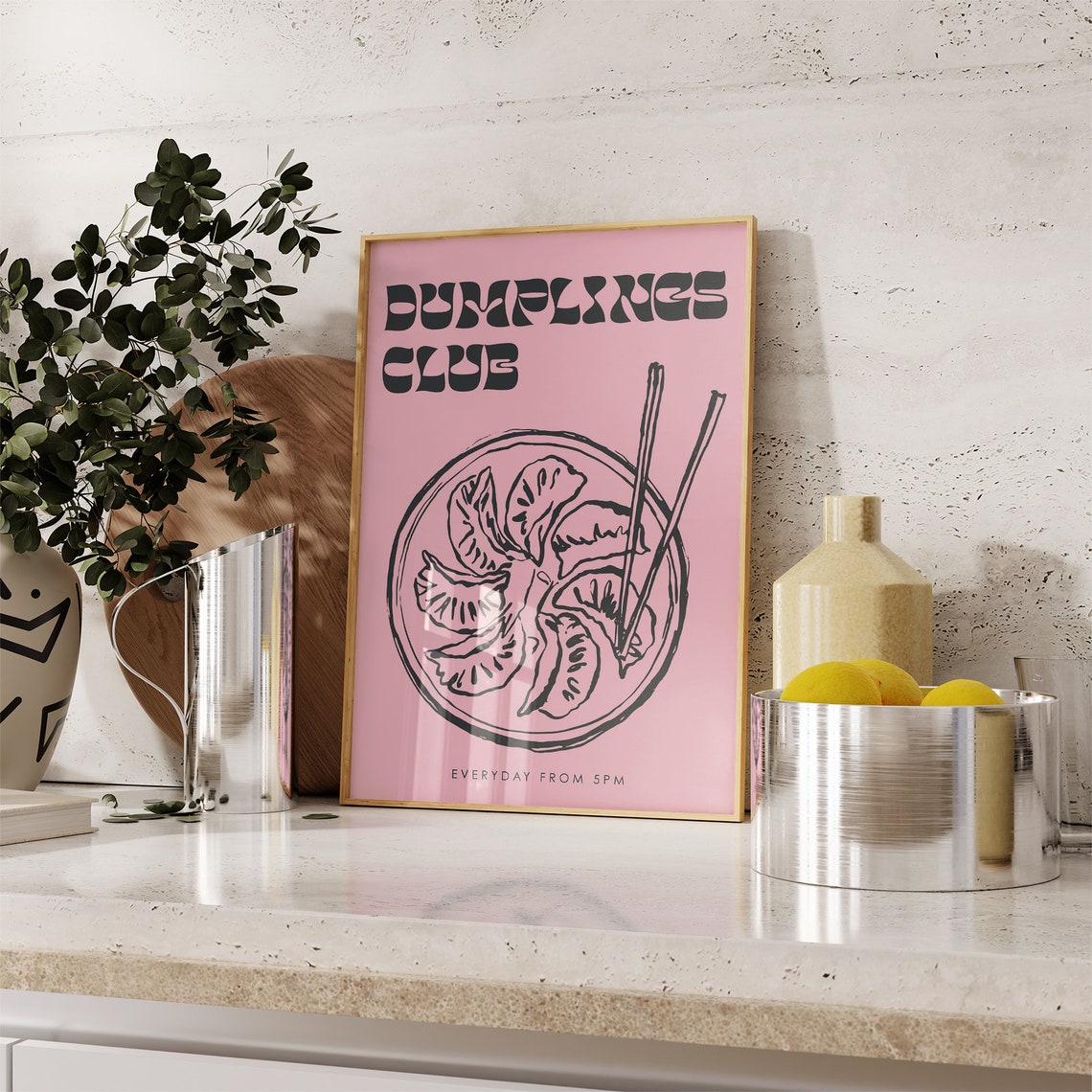 Dumplings Club Pink Retro Chopsticks Kitchen Decor Wall Poster - Image 4