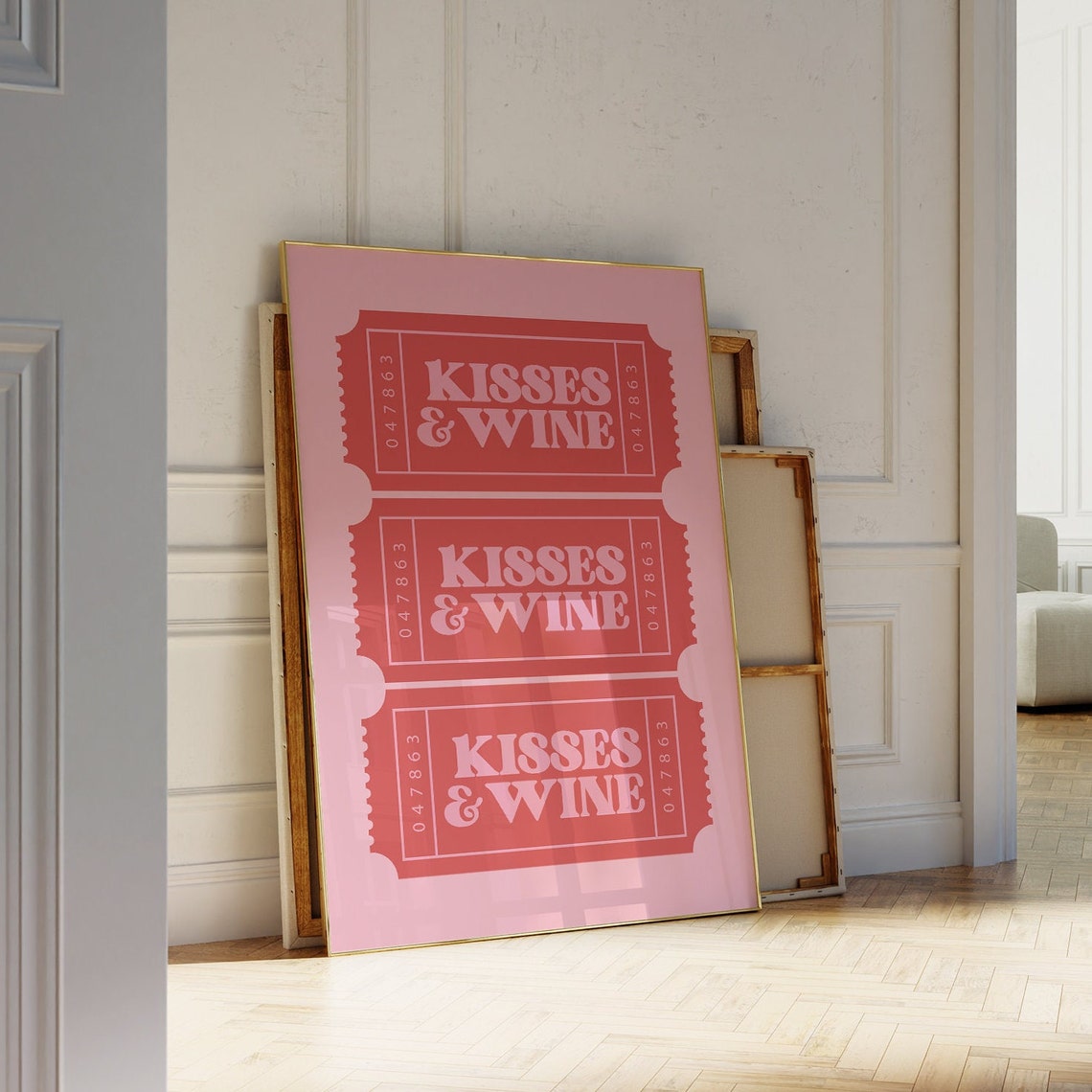 Kisses and Wine Red Ticket Stub Trio Retro Pink Valentine Wall Poster - Image 3