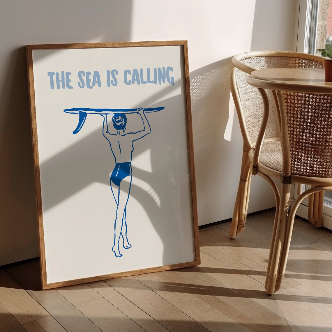 The Sea Is Calling Surfer Girl Blue Line Art Coastal Beach House Poster - Image 3
