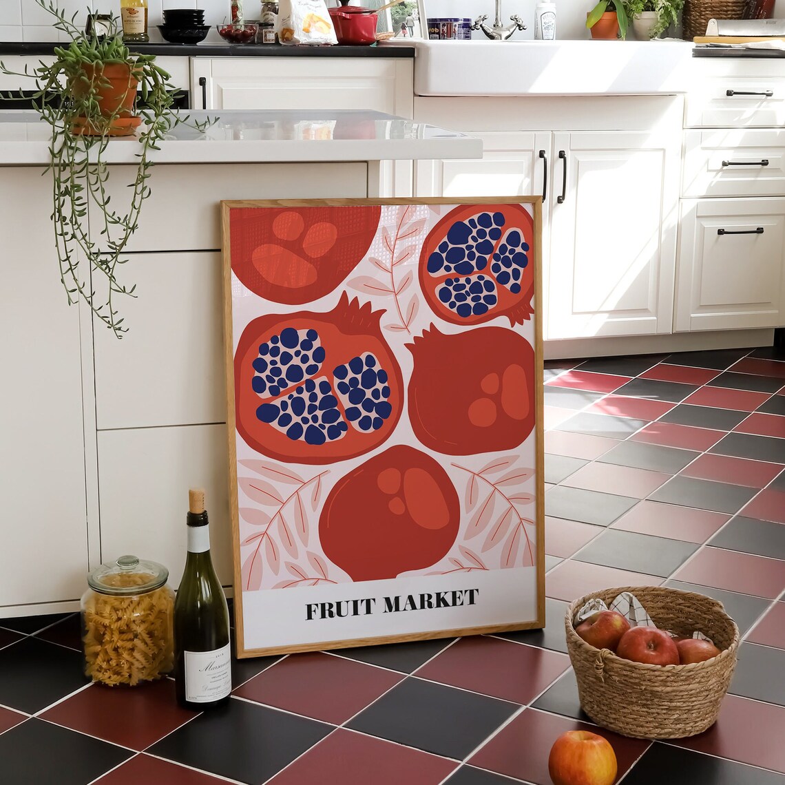 Fruit Market Pomegranate Red Navy Bold Retro Kitchen Wall Art - Image 3