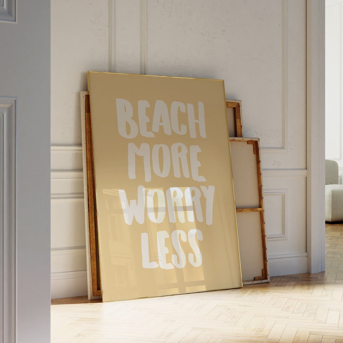 Beach More Worry Less Bold White Lettering Sandy Tan Wall Poster - Image 2