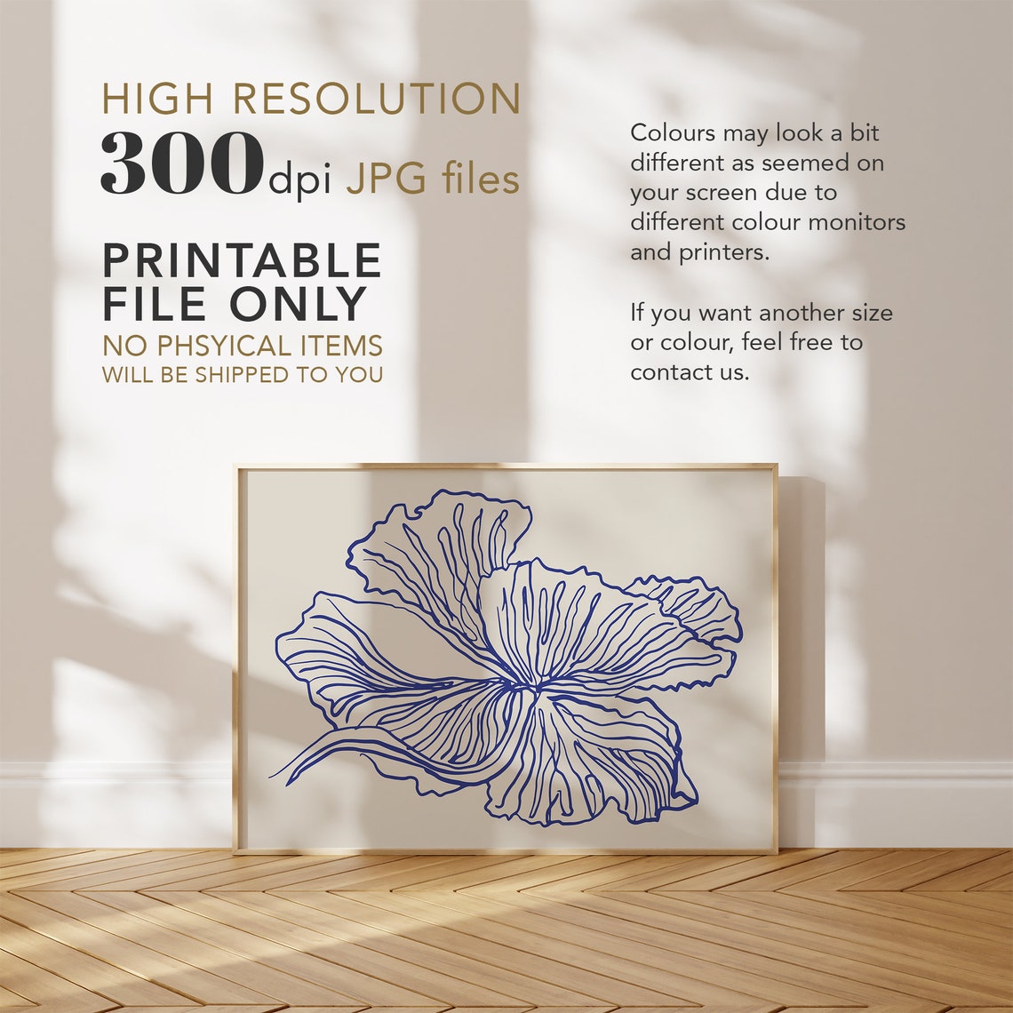 Blue Line Art Hibiscus Flower Minimal Botanical Beige Wall Poster - Image 4
