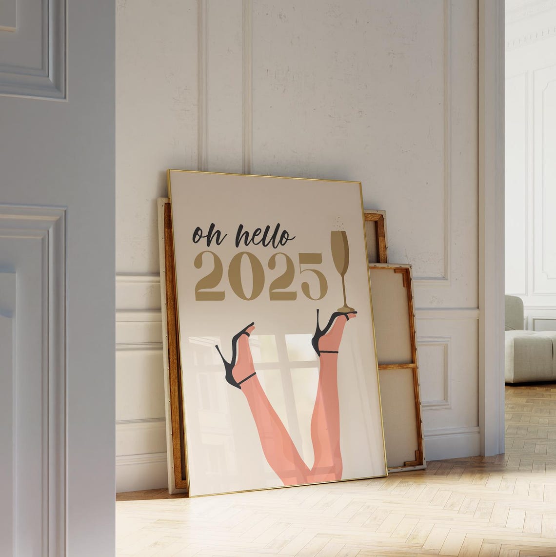 Oh Hello 2025 Champagne Toast Heels Up New Year Party Wall Art - Image 2