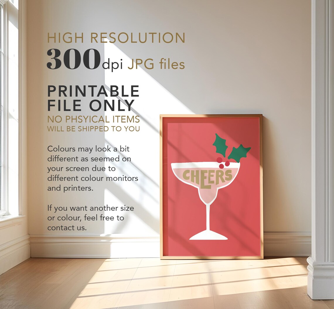 Cheers Margarita Glass Holly Berries Red Gold Holiday Cocktail Poster - Image 4
