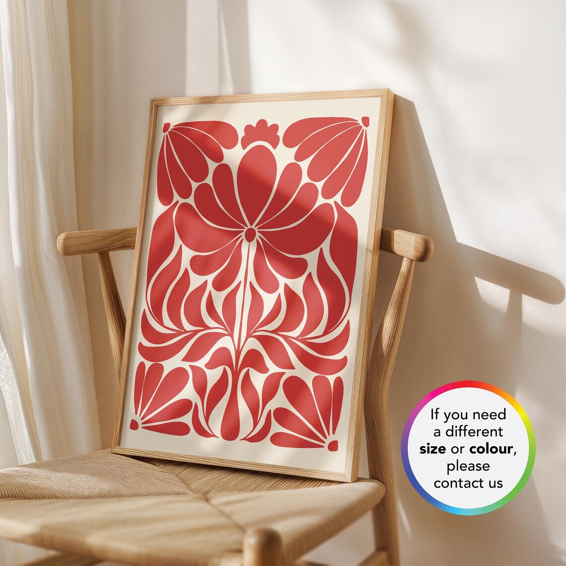 Red Scandinavian Floral Folk Art Symmetric Holiday Botanical Poster - Image 2