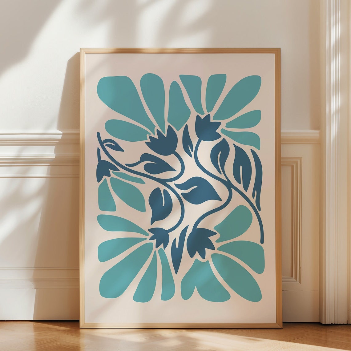 Blue Boho Botanical Flowers Teal Abstract Floral Cream Art Poster