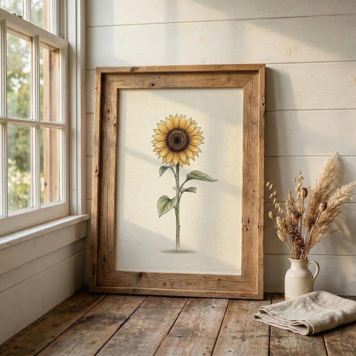 Minimalist Sunflower Botanical Print, Cottage Garden Art