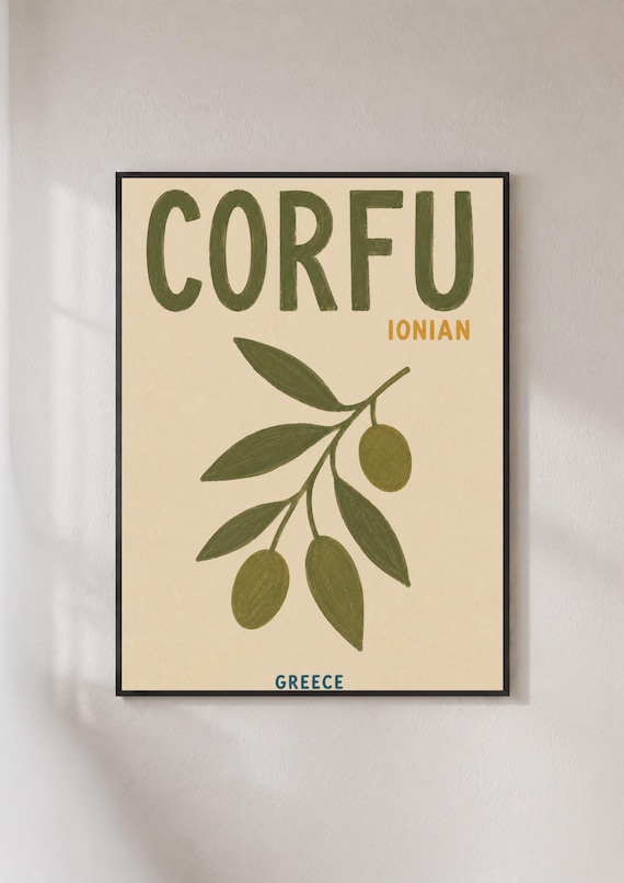 Corfu Greece Retro Travel Poster Ionian Olive Branch Botanical Green Art