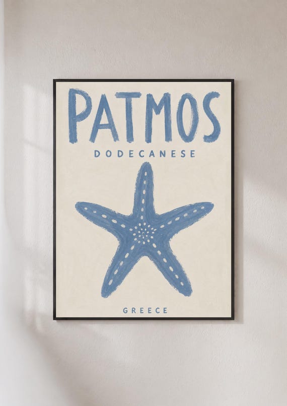 Patmos Greece Poster Dodecanese Island Travel Print Blue Starfish Wall Art