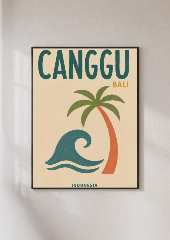 Canggu Bali Poster Indonesia Travel Print Retro Surf Wall Art Palm Tree Wave Decor