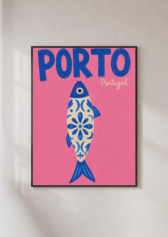 Porto Portugal Travel Poster, Sardine Azulejo Tile Art