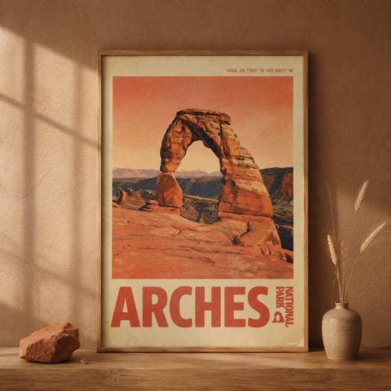 Arches National Park Print Delicate Arch Vintage Utah Poster Southwest Desert Wall Art