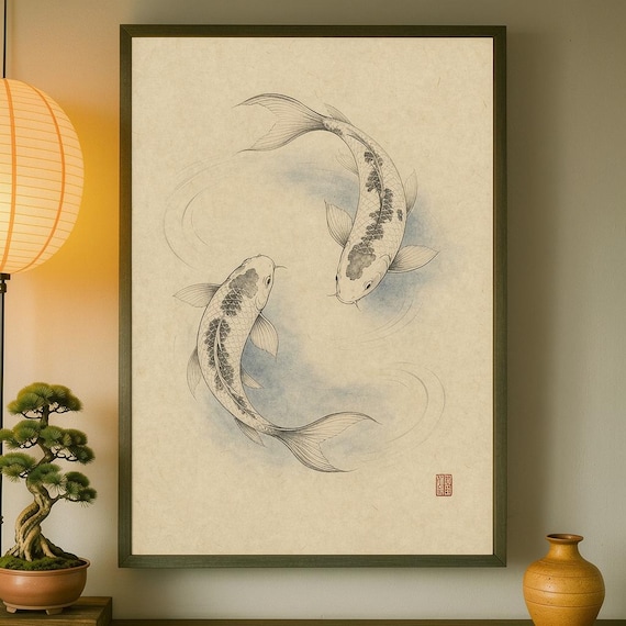 Two Koi Fish Circling Yin Yang Symbol Ink Wash Sumi-e Art Print