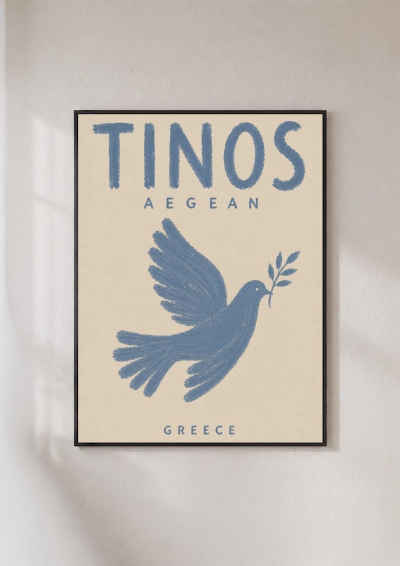 Tinos Aegean Greece Dove With Olive Branch Minimal Blue Travel Poster