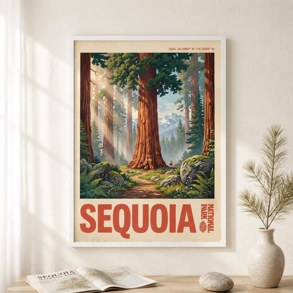Sequoia National Park Vintage California Travel Poster Redwood Trees Wall Art