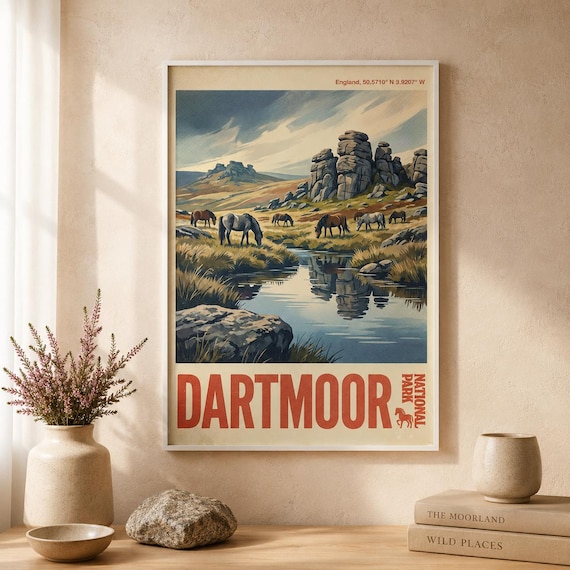 Dartmoor England National Park Wild Ponies Stream Retro Travel Poster