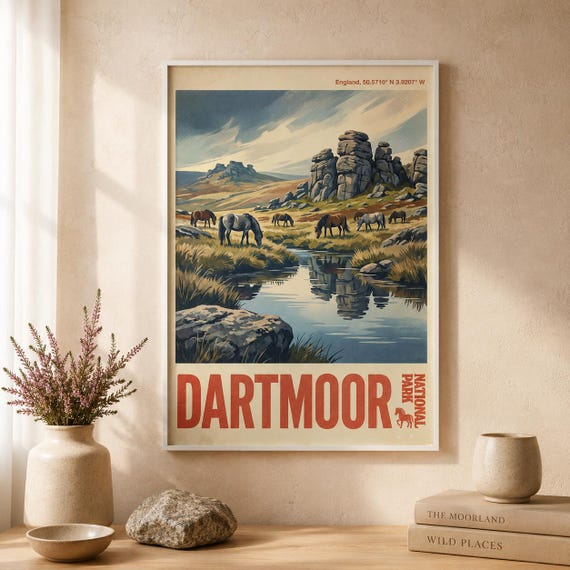 Dartmoor National Park Print Vintage Devon Travel Poster Wild Pony Landscape Wall Art