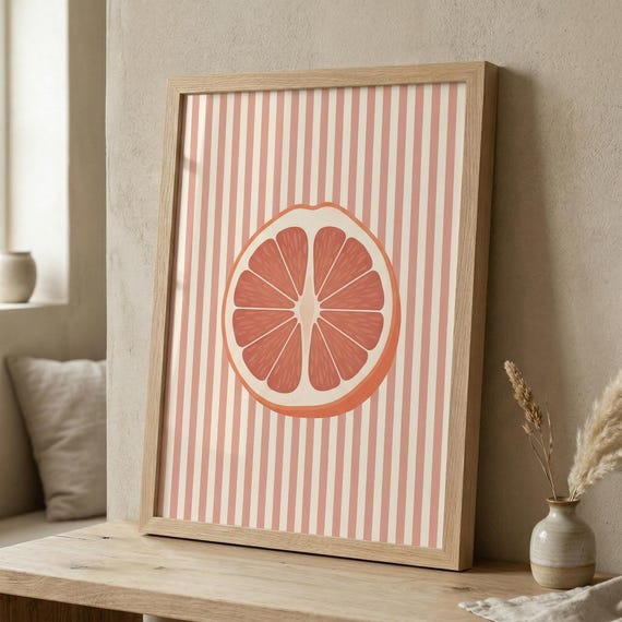 Grapefruit Print Pink Stripes Minimalist Kitchen Wall Art