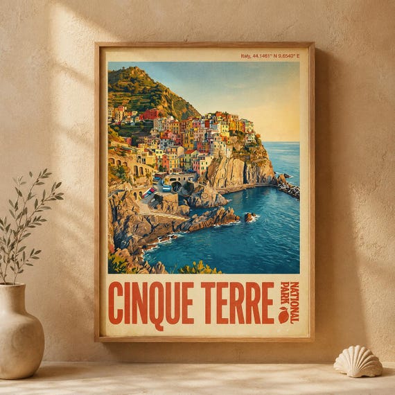 Cinque Terre Print Vintage Italy Travel Poster Colorful Coastal Village Wall Art