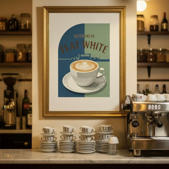 Australia Flat White Vintage Coffee Cup Latte Art Cafe Bar Poster