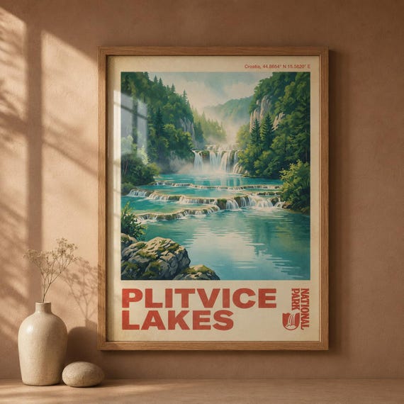 Plitvice Lakes National Park Print Vintage Croatia Travel Poster Waterfall Wall Art