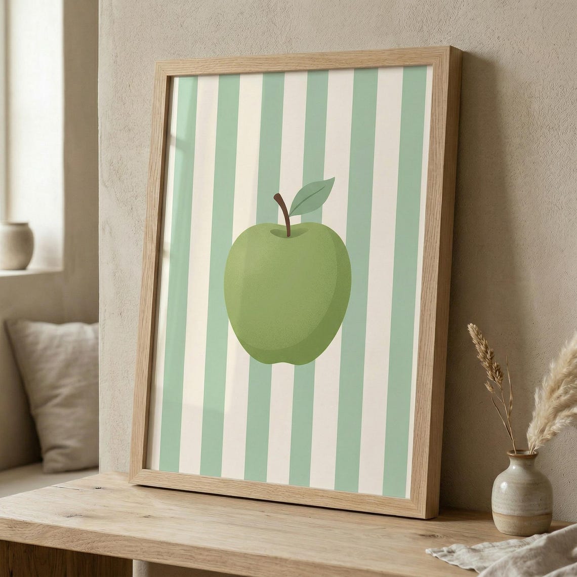 Minimalist Green Apple Stripe Kitchen Fruit Illustration Poster